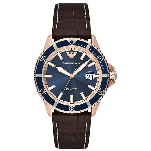 Armani AR11556-C Diver pelle marrone rose gold quadrante blu con datario