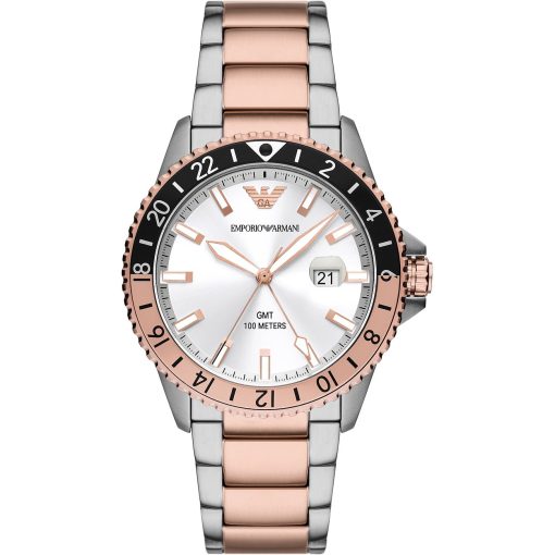 Armani AR11591-C Diver GMT 100 mt ghiera nera e rosa acciaio ramato uomo