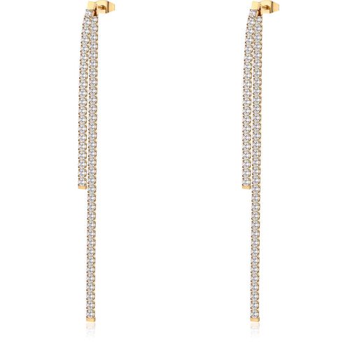 Orecchini pendenti due fili in acciaio Brosway BEIE004 Desideri pvd oro 14k con cubic zirconia