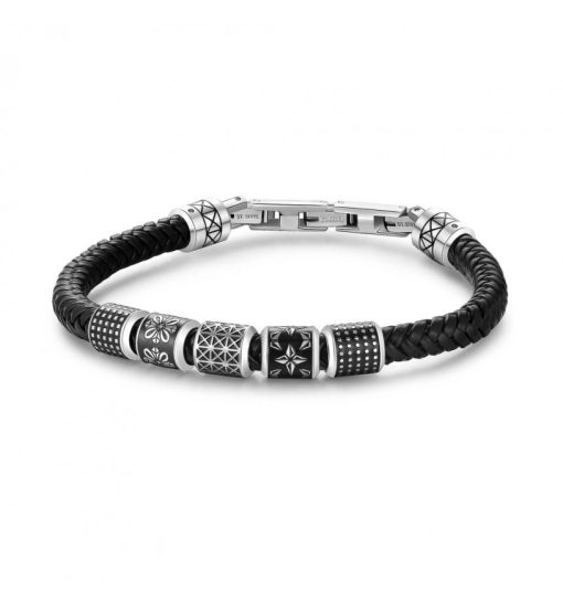 Bracciale uomo Brosway BUL22 in pelle nera con elementi in acciaio e smalto nero