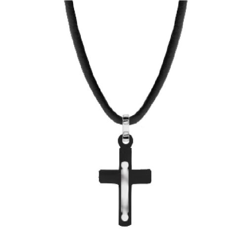 Collana Pendente Croce Uomo Mooby TB309 Acciaio PVD Nero Inserto Pelle Steel Man