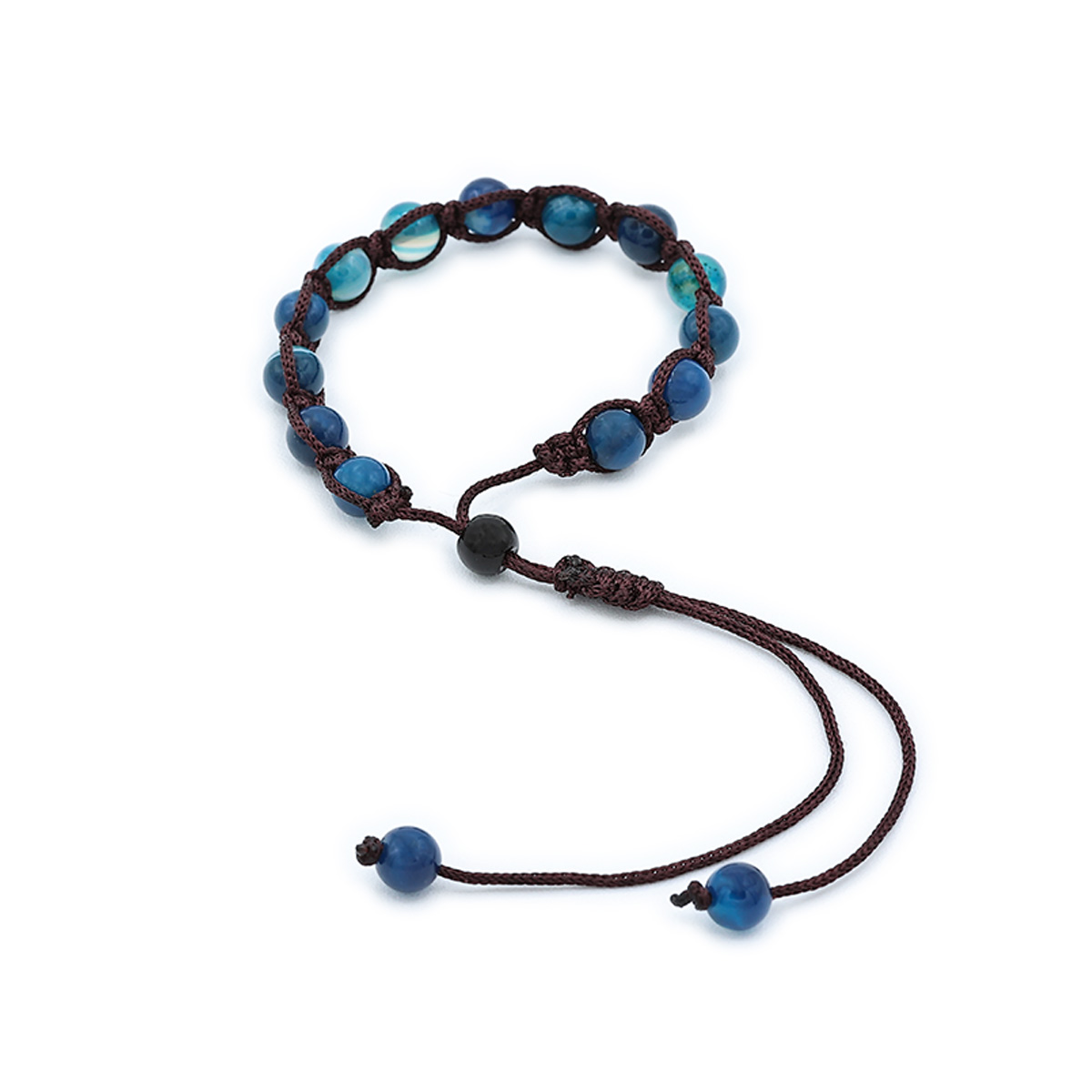 Bracciale Kenshò H006 pietra Agata Blu Striata e cordoncino marrone con chiusura a nodo macramé